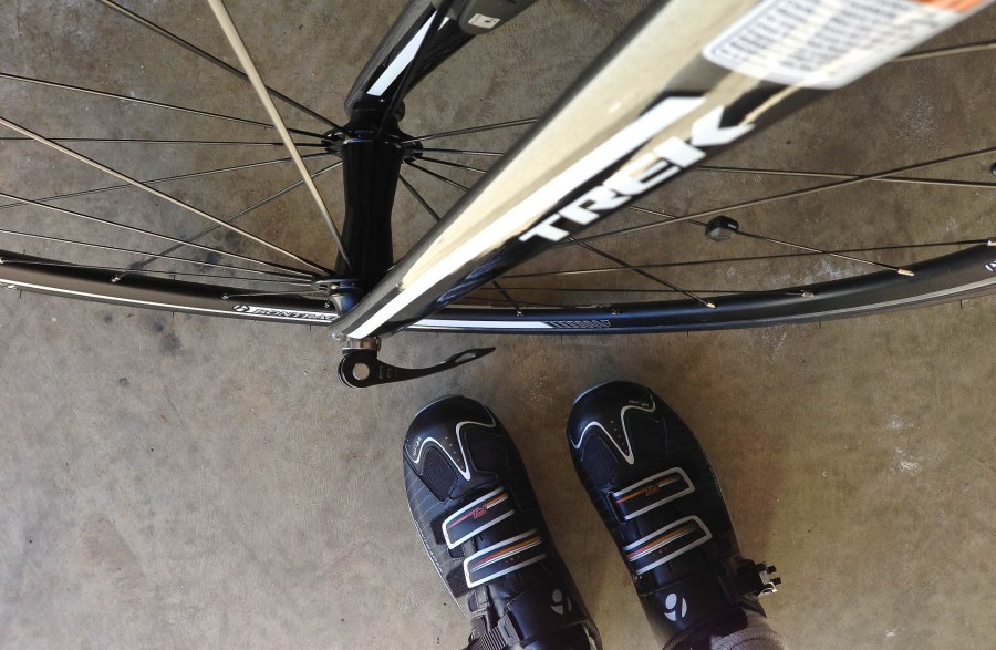 Cleats and the Front Fork of a Trek Madone